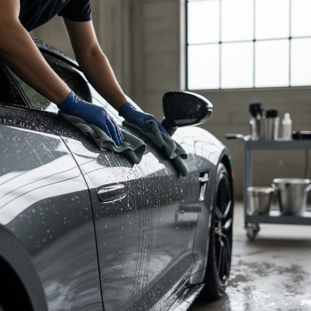 Especialista de detailing lavando a mano un coche brillante